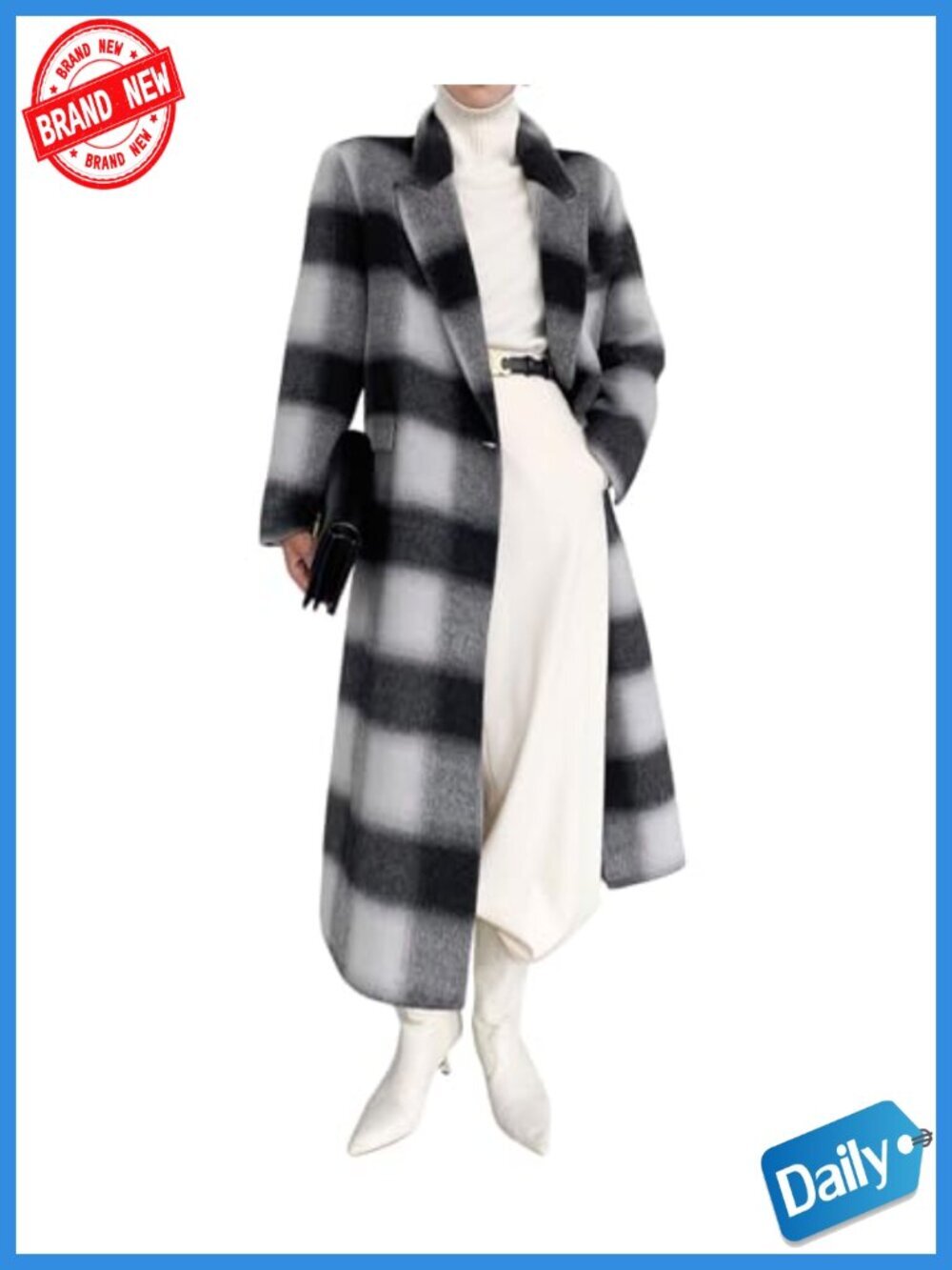 Vintage Plaid Wool Long Pea Coat Double Breasted Lapel Blazer Trench Overcoat
